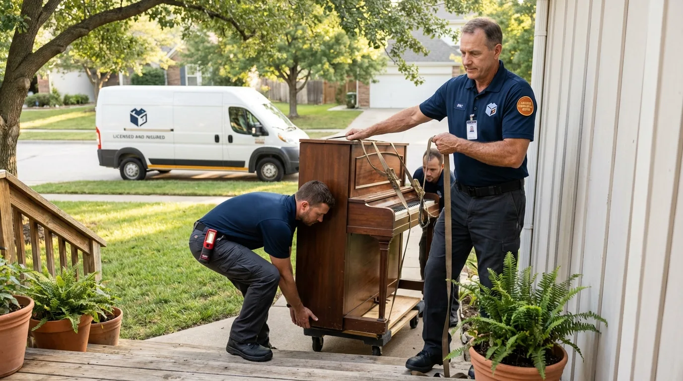 Licensed piano movers securing grand piano in Richmond Hill, GA