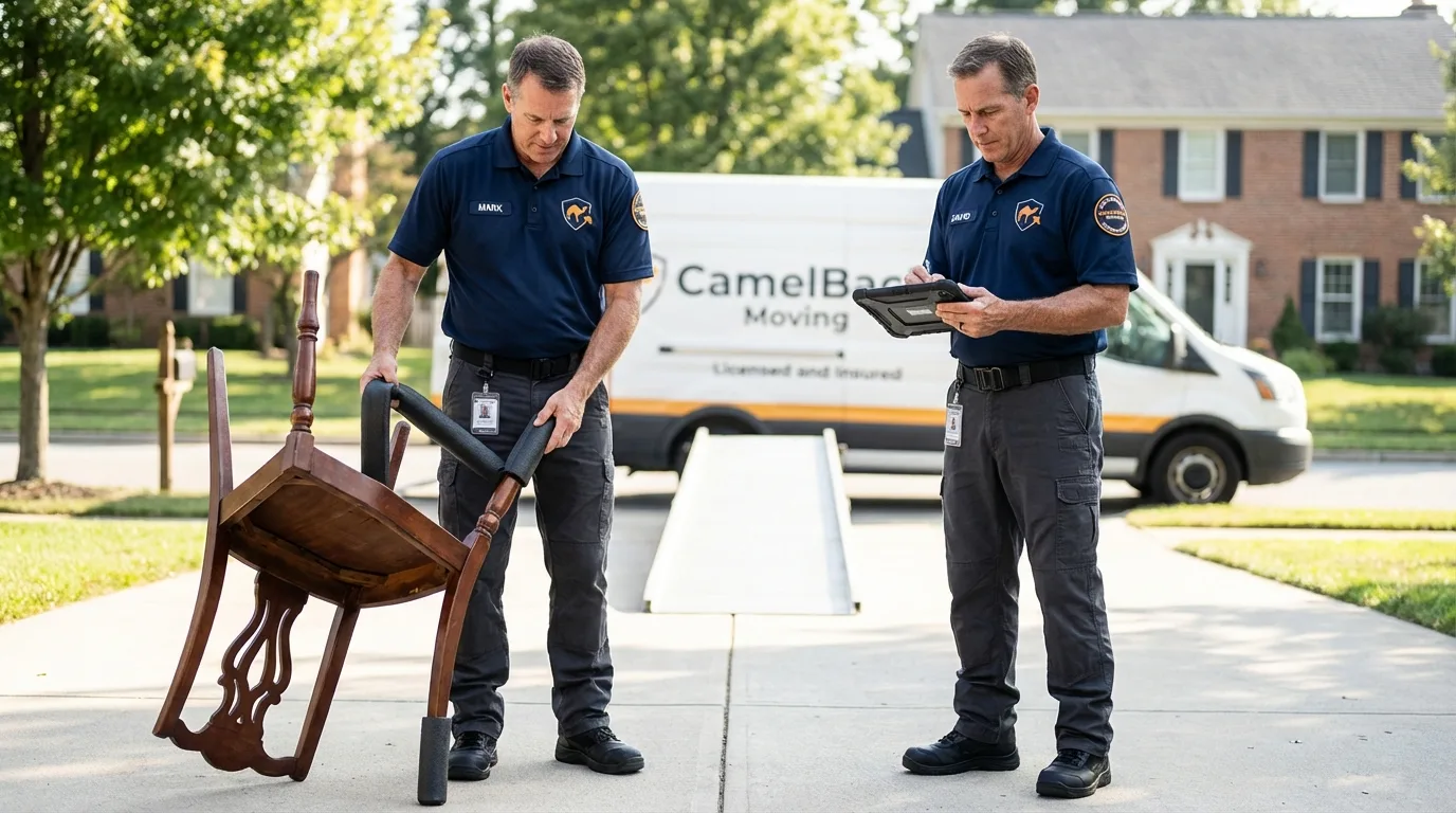 Movers inspecting furniture for damage prevention before loading in Richmond Hill, GA