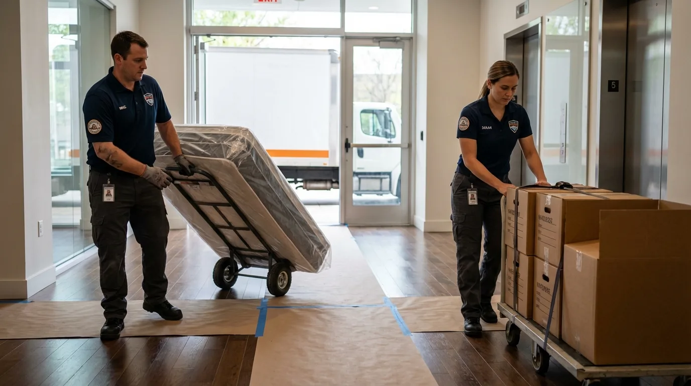 Professional apartment movers loading elevator in Richmond Hill, GA