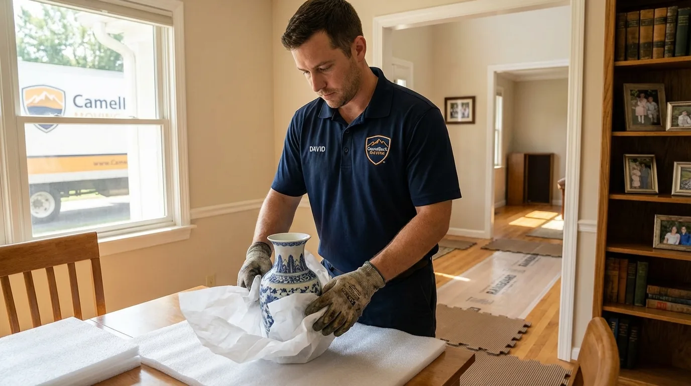 Professional crew carefully wrapping antique vase for senior downsizing move in Richmond Hill, GA